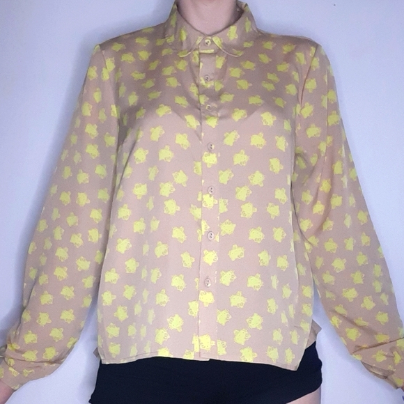 Chartreuse and Tan Hello Kitty X Forever 21 Button Up Collared Blouse. - Picture 1 of 5